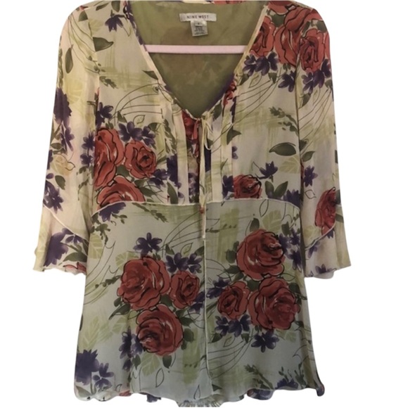 Nine West Tops - Nine West 100% Silk Sage Blouse w/purple,pink,green & red Floral design Size 2